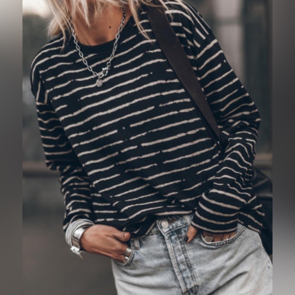 NEW Black Long Sleeve Casual Crewneck Top with White Abstract Stripes
